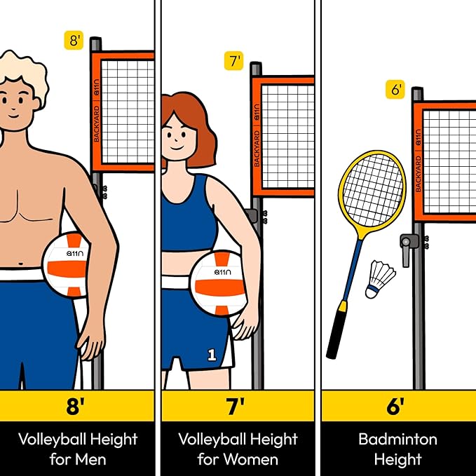 A11N Outdoor Volleyball and Badminton Combo Set - Includes Adjustable Height Anti-Sag Net