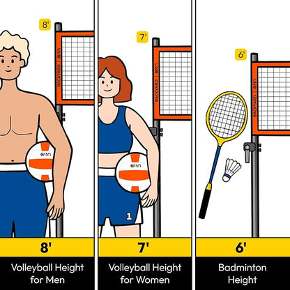 A11N Outdoor Volleyball and Badminton Combo Set - Includes Adjustable Height Anti-Sag Net