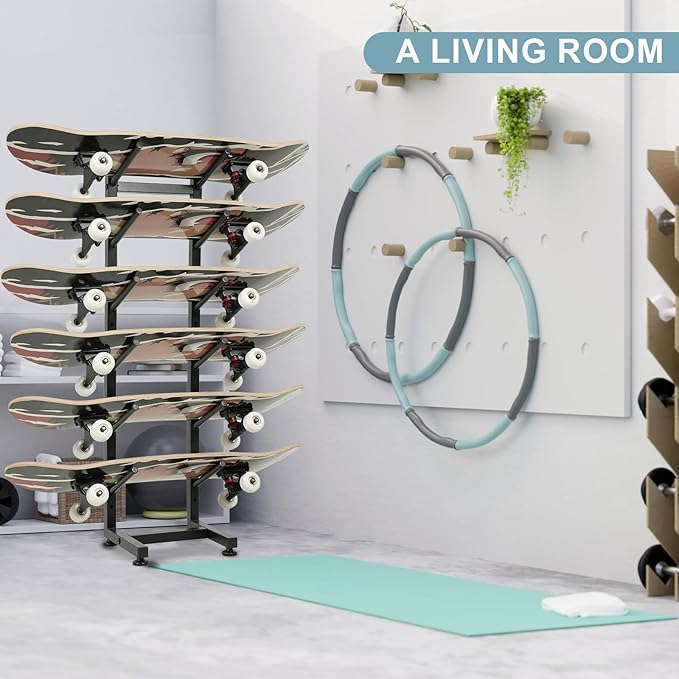 BiJun Skateboard Racks Floor Stand, 6-Layer Skateboard Wall Mount,Snowboard Storage Rack