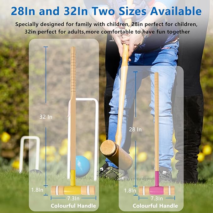 8 Players Croquet Set with 32In Regulation | 28In Standard Size Rubber Wood Mallets, Colored PE