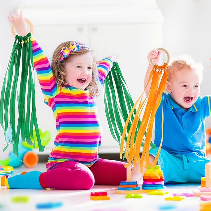 Deekin 12 Pcs Rainbow Ribbon Wooden Waldorf Toys Creative Waldorf Hand Kite Set Streamers with Wood