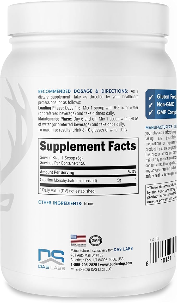 Bucked Up Pure Micronized Creatine Monohydrate for Women and Men - Easy to Mix and Unflavored - 5G