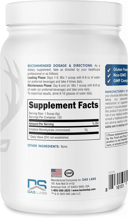 Bucked Up Pure Micronized Creatine Monohydrate for Women and Men - Easy to Mix and Unflavored - 5G
