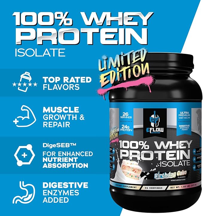 eFlow Nutrition 100% Whey Protein Isolate - Lactose-Free Digestive Enzymes Added, Low Carb, Post