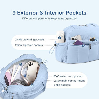 TOPDesign Travel Duffel Bag for Women, Puffer Gym Bag Sports Tote with Wet Pocket, Carry On