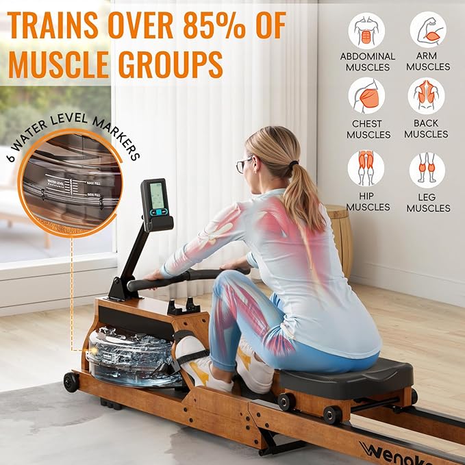 Water Rowing Machine for Home Use, WENOKER Wooden Foldable Rower Machine with Adjustable Monitor &
