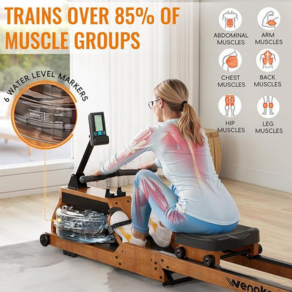 Water Rowing Machine for Home Use, WENOKER Wooden Foldable Rower Machine with Adjustable Monitor &