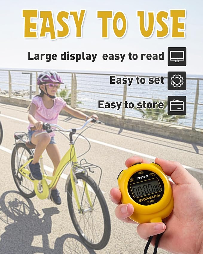 Simple Stopwatch Timer - Easy to Use, Set Up, Read, and Carry - Large Display - On/Off, AAA Battery