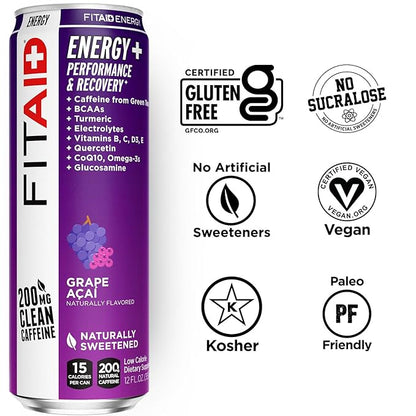 LIFEAID FITAID Energy Grape AÇAI, 200mg Natural Caffeine, Keto, Pre-Workout Performance: BCAAs