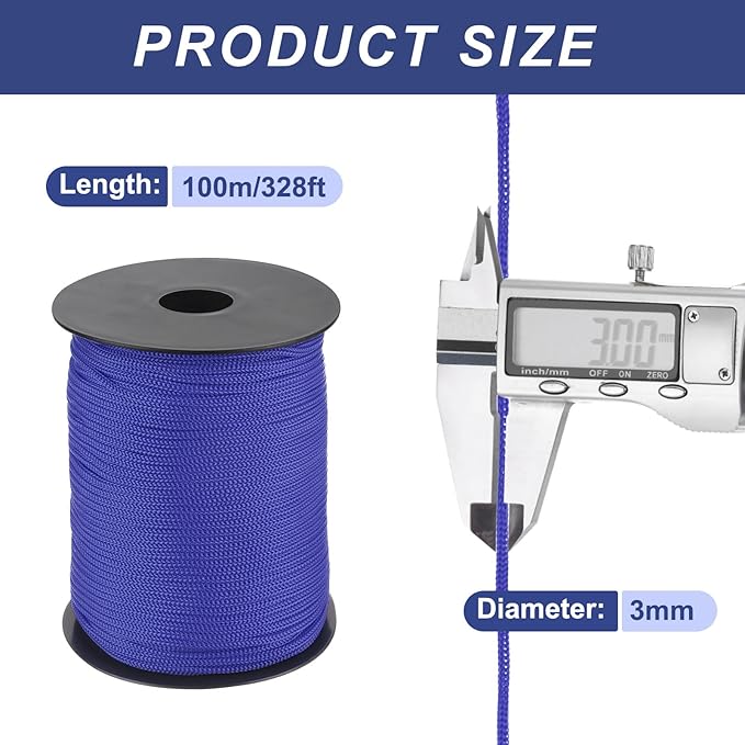 MECCANIXITY 1/8 Inch Polypropylene Rope Braided Ropes, 328ft Nylon Rope Hollow Utility Cord for