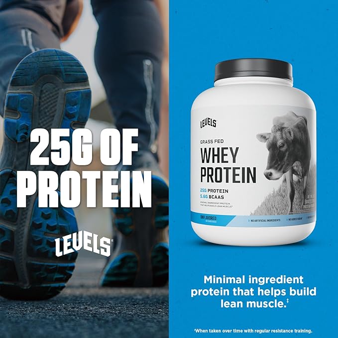 Levels Grass Fed Whey Protein Powder, No Artificials, 25G of Protein, Unflavored, 5LB