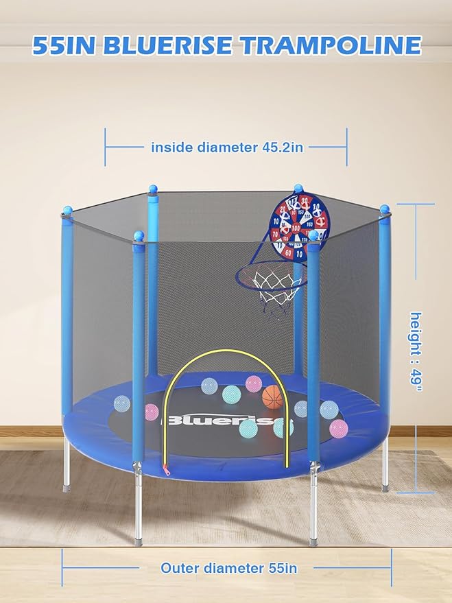 BLUERISE Trampoline 55IN 6FT Toddler Trampoline for Kids Indoor Outdoor Play for Kids Trampoline