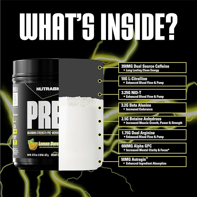 NutraBio Preworkout Powder, Lemon Burst| Explosive Energy, Laser Focus, Extreme Pumps| Pre Workout