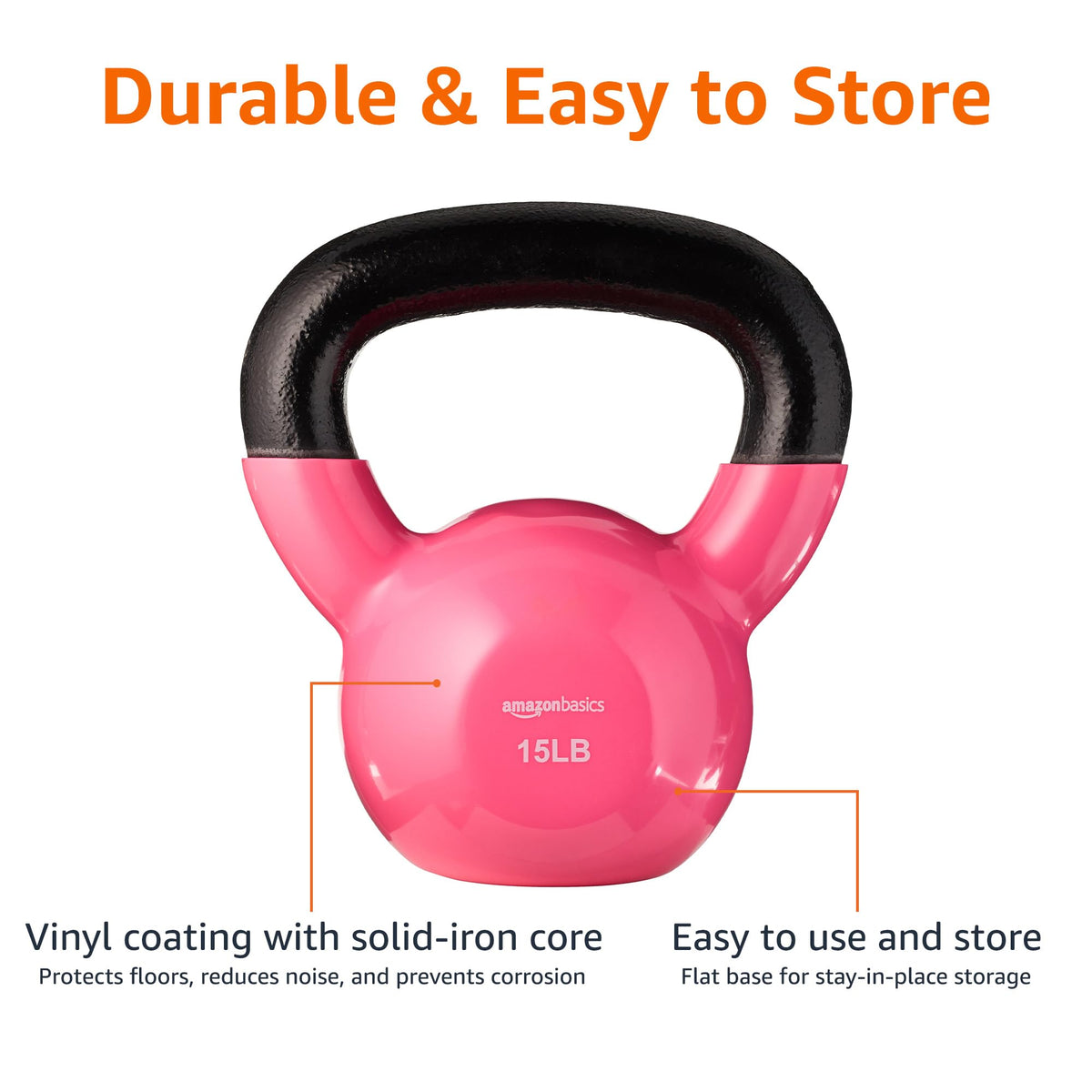 Amazon Basics Vinyl Kettlebell Weight for Strength Training, Workout, 15 Pounds, Textured Wide