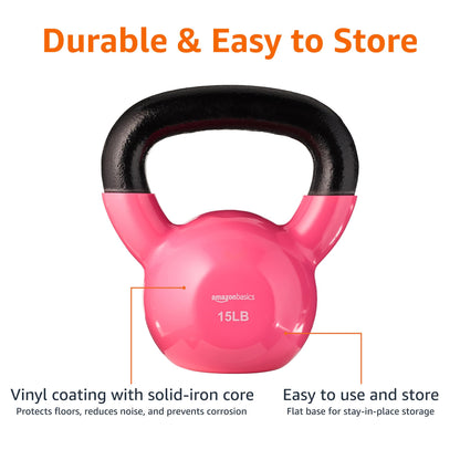 Amazon Basics Vinyl Kettlebell Weight for Strength Training, Workout, 15 Pounds, Textured Wide