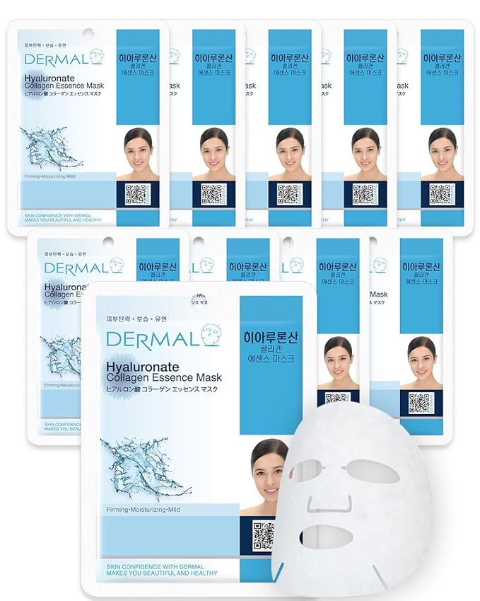 DERMAL Hyaluronate Collagen Essence Facial Mask Sheet 23g Pack of 10 - Hydro Boost Moisturizing for