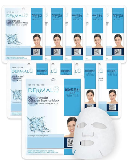 DERMAL Hyaluronate Collagen Essence Facial Mask Sheet 23g Pack of 10 - Hydro Boost Moisturizing for