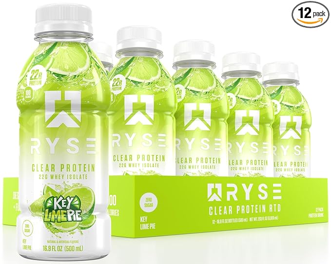 RYSE Clear Protein Shake - Key Lime Pie - 100 Calories, 22g Whey Isolate Protein, Sugar-Free, 0g