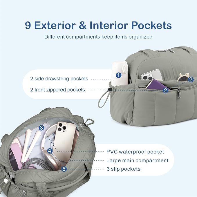 TOPDesign Travel Duffel Bag for Women, Puffer Gym Bag Sports Tote with Wet Pocket, Carry On