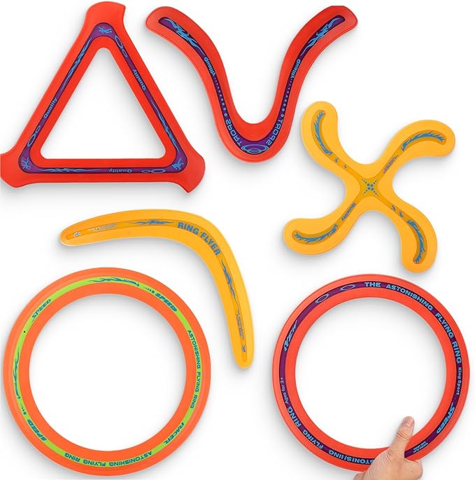 6 PCS Flying Ring Combo Pack Sports Plastic Pro Discs, Rings and Boomerangs - Lightweight Sports