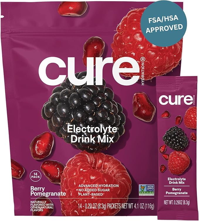 Cure Hydration | Plant-Based Electrolyte Drink Mix | No Added Sugar | FSA-HSA | Dehydration Relief