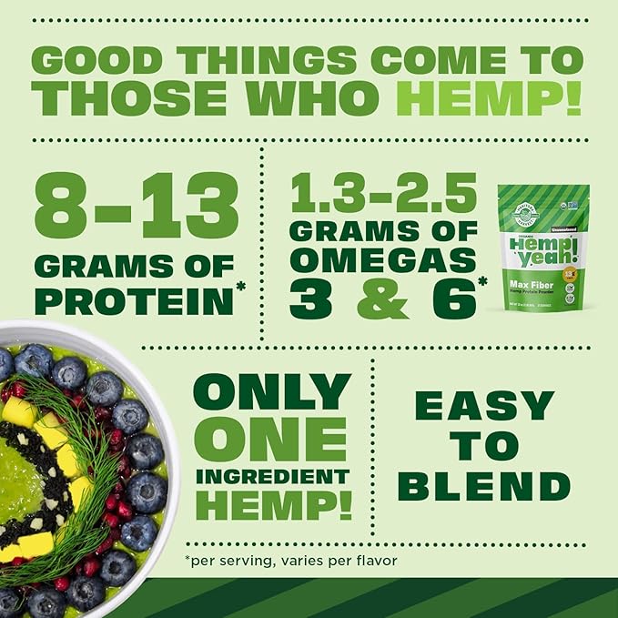 Manitoba Harvest Hemp Yeah Organic Max Fiber Protein Powder, Unsweetened, 32oz, with 13g of Fiber