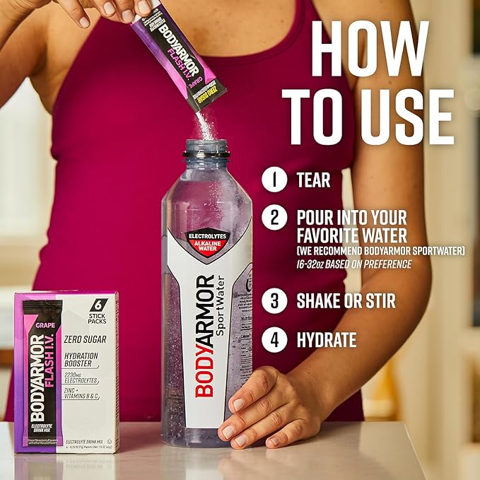 BODYARMOR Flash IV Electrolyte Packets, Grape - Zero Sugar Drink Mix, Single Serve Packs, Coconut