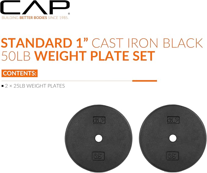 CAP Barbell Standard 1-Inch Cast Iron Weight Plates - Singles & Sets | 1.25-50 lbs | Multiple