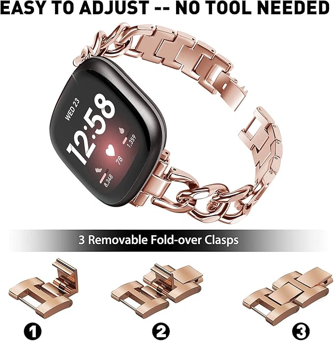 Cool Women Chain Metal Smartwatch Bands Compatible for Fitbit Sense/Fitbit Versa 3 Bands for Dressy
