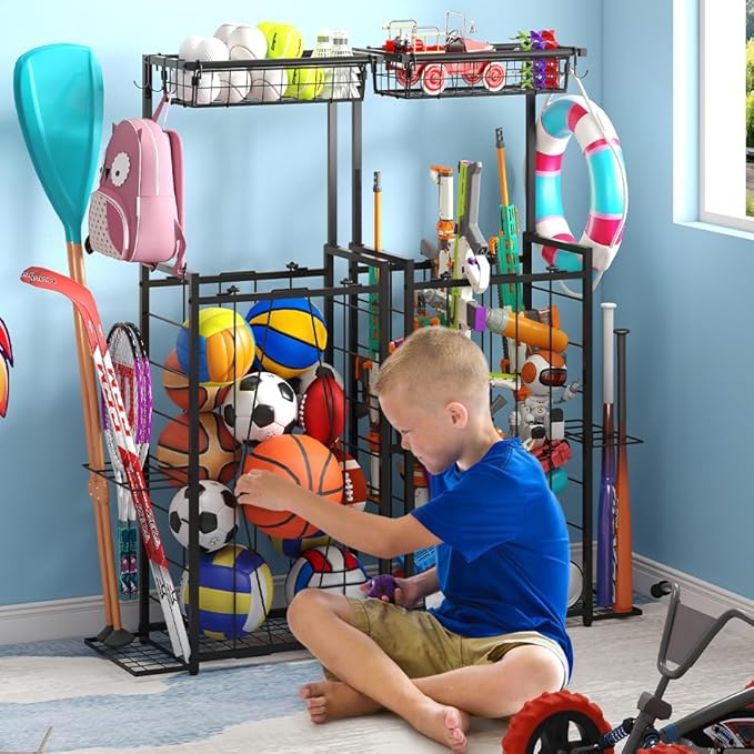 Sports Equipment Organizer, Small Garage Ball Storage Rack with Elastic Straps and 3 Hooks, Garage
