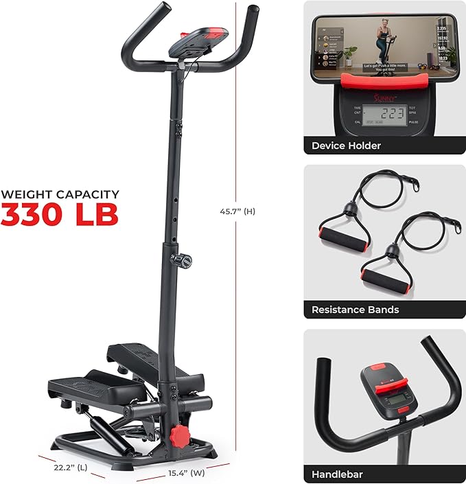 Sunny Health & Fitness Total Body 2-in-1 Smart Stepper Machine for Home with Handlebar and