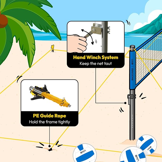 A11N Outdoor Volleyball and Badminton Combo Set - Includes Adjustable Height Anti-Sag Net