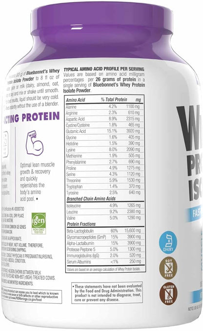 BlueBonnet Nutrition Whey Protein Isolate Powder From Grass Fed Cows, 26g of Protein, No Sugar