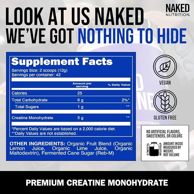 NAKED Pure Micronized Lemon Lime Creatine Monohydrate - 42 Servings - 500 Grams, 1.1Lb Bulk, Vegan