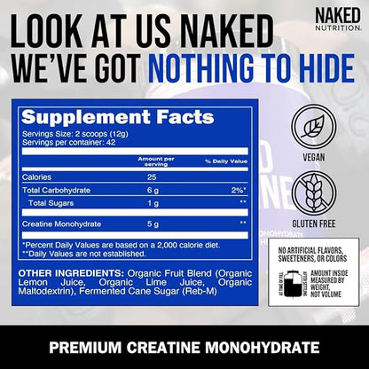 NAKED Pure Micronized Lemon Lime Creatine Monohydrate - 42 Servings - 500 Grams, 1.1Lb Bulk, Vegan