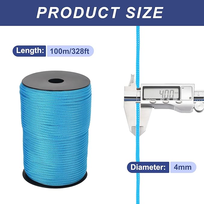 MECCANIXITY 5/32 Inch Polypropylene Rope Braided Ropes, 328ft Camping Rope Hollow Utility Cord for