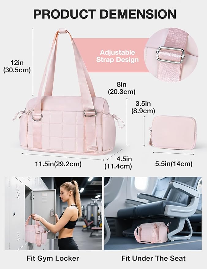 VUUDH Puffy Mini Gym Bag for Women, Carry On Multi-Pocket Water-Resistant Duffel, Lightweight