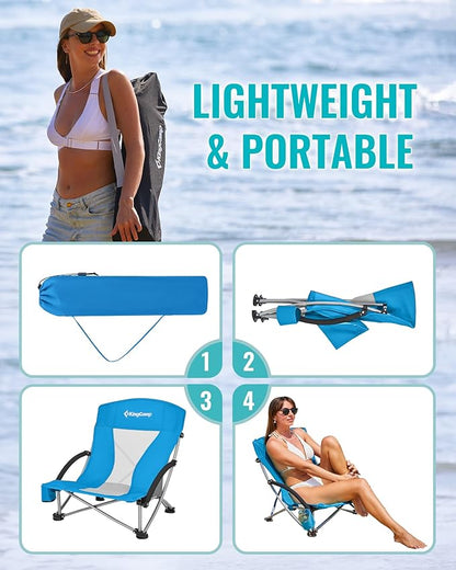 KingCamp Low Beach Chairs, Portable Folding Chair for Adults Extra Wide Ergonomic High Back Seat