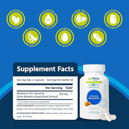 Core Med Science Liposomal Berberine Supplement, 300mg (60 Count) - Berberine HCL Extract Capsules