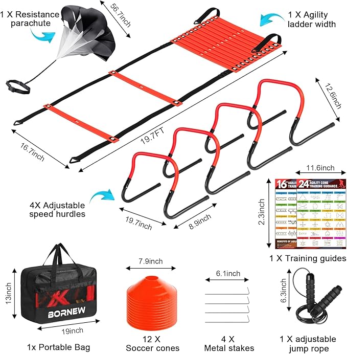 Soccer Training Equipment, Agility Speed Training Set with 20ft Speed Ladder, 12 Cones, 4