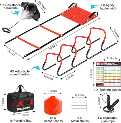 Soccer Training Equipment, Agility Speed Training Set with 20ft Speed Ladder, 12 Cones, 4