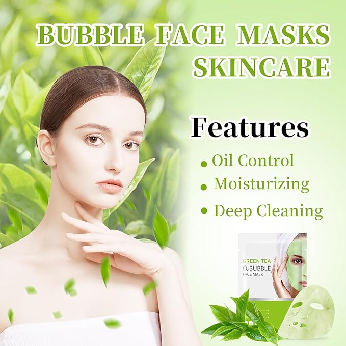 10 Sheets Face Masks Skincare O2 Bubble Green Tea Face Mask, Cleaner Bubble Sheet Masks Foaming
