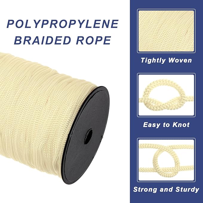 MECCANIXITY 3/16 Inch Polypropylene Rope Braided Ropes, 328ft Nylon Rope Hollow Utility Cord for
