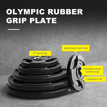 LIONSCOOL 2-Inch Rubber Olympic Grip Weight Plates for Strength Training, Weightlifting, Solid Cast