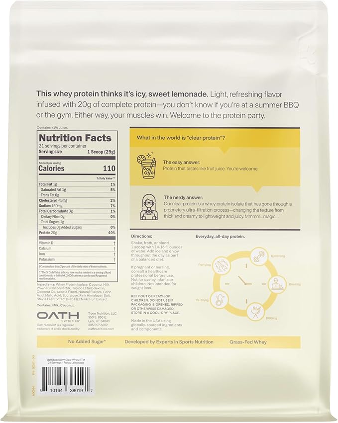 Clear Whey Isolate Protein Powder, Frosty Lemonade, 20g Complete Protein per Serving, No Added