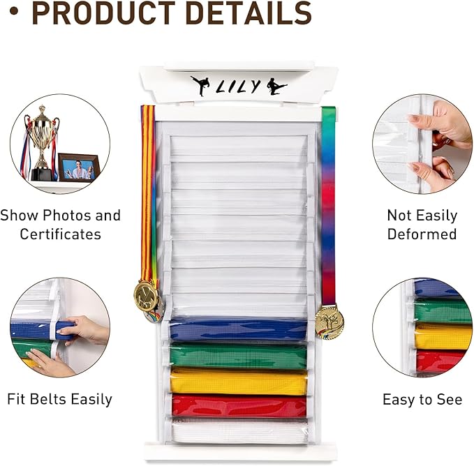 Tilhumt 12/10 Belts Karate Belt Display Rack with Stickers, Taekwondo Belt Display with