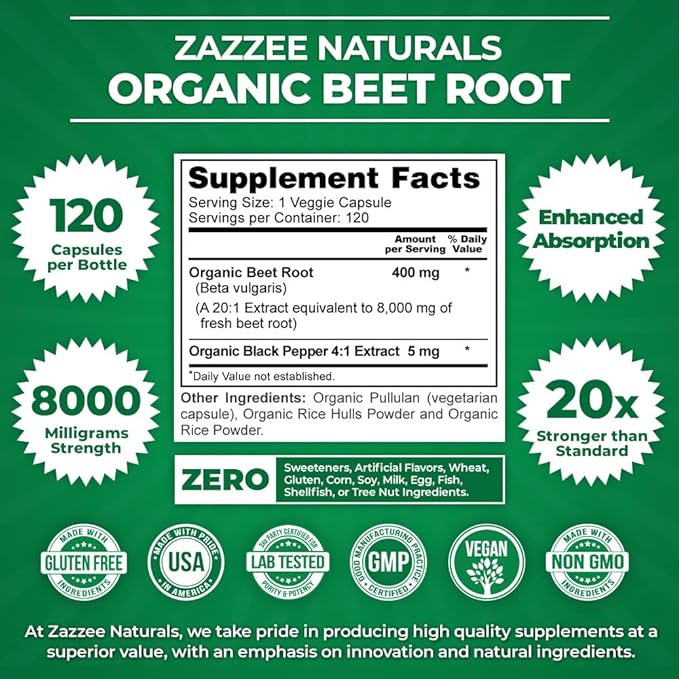 Zazzee USDA Organic Beet Root 8000 mg Strength 20:1 Extract, 120 Vegan Quick Release Capsules