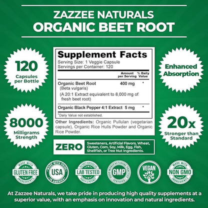 Zazzee USDA Organic Beet Root 8000 mg Strength 20:1 Extract, 120 Vegan Quick Release Capsules