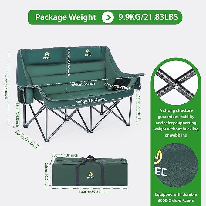 Nice C Double Padded Camping Chair, Oversized Loveseat Camping Chair, Outdoor Camping Couch for