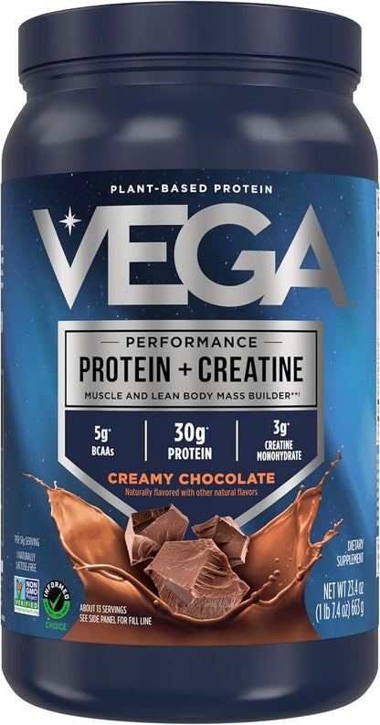 Vega Protein + Creatine - 30g Plant-Based Protein, Chocolate, 13 Servings, 3g Creatine, 5g BCAAs